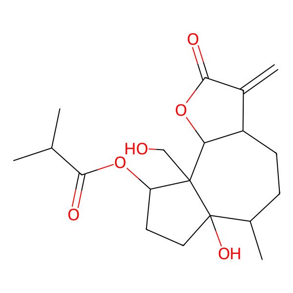 2D Structure of [(3aS,6S,6aR,9S,9aS,9bR)-6a-hydroxy-9a-(hydroxymethyl)-6-methyl-3-methylidene-2-oxo-3a,4,5,6,7,8,9,9b-octahydroazuleno[8,7-b]furan-9-yl] 2-methylpropanoate