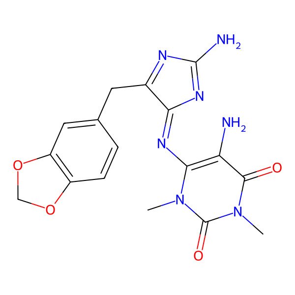 2D Structure of 5-Amino-6-[[2-amino-5-(1,3-benzodioxol-5-ylmethyl)imidazol-4-ylidene]amino]-1,3-dimethylpyrimidine-2,4-dione