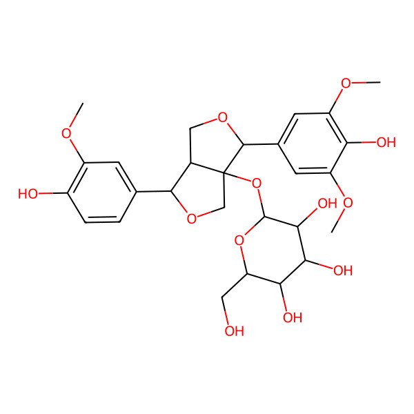 2D Structure of 2-[[3-(4-hydroxy-3,5-dimethoxyphenyl)-6-(4-hydroxy-3-methoxyphenyl)-3,4,6,6a-tetrahydro-1H-furo[3,4-c]furan-3a-yl]oxy]-6-(hydroxymethyl)oxane-3,4,5-triol
