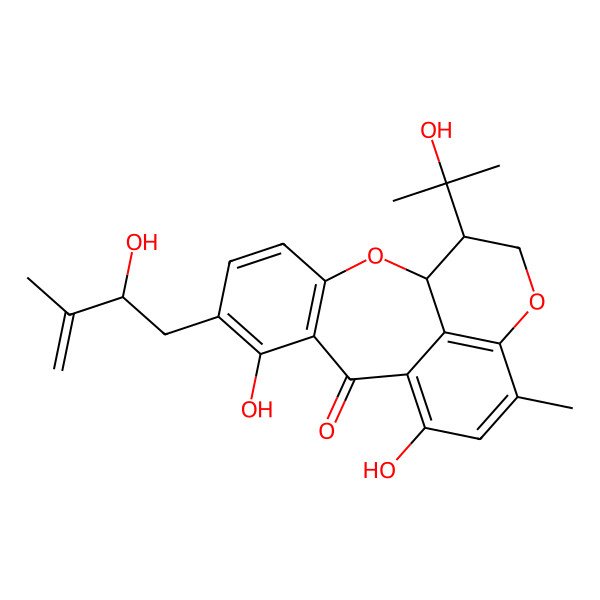 2D Structure of (1R,17S)-7,11-dihydroxy-6-[(2R)-2-hydroxy-3-methylbut-3-enyl]-17-(2-hydroxypropan-2-yl)-13-methyl-2,15-dioxatetracyclo[8.7.1.03,8.014,18]octadeca-3(8),4,6,10,12,14(18)-hexaen-9-one