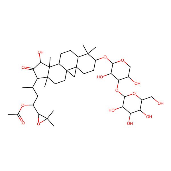 2D Structure of [3-[6-[3,5-Dihydroxy-4-[3,4,5-trihydroxy-6-(hydroxymethyl)oxan-2-yl]oxyoxan-2-yl]oxy-13-hydroxy-7,7,12,16-tetramethyl-14-oxo-15-pentacyclo[9.7.0.01,3.03,8.012,16]octadecanyl]-1-(3,3-dimethyloxiran-2-yl)butyl] acetate