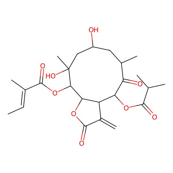 2D Structure of [(3aR,4S,6S,8S,10R,11S,11aR)-8,10-dihydroxy-6,10-dimethyl-3-methylidene-4-(2-methylpropanoyloxy)-2,5-dioxo-3a,4,6,7,8,9,11,11a-octahydrocyclodeca[b]furan-11-yl] (Z)-2-methylbut-2-enoate