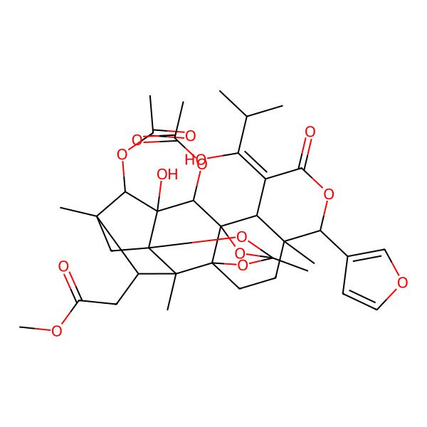 2D Structure of methyl 2-[(1R,2S,3Z,6R,7R,10S,12S,14R,15R,16S,17R,18S,19S,20R)-18,20-diacetyloxy-6-(furan-3-yl)-19-hydroxy-3-(1-hydroxy-2-methylpropylidene)-7,12,15,17-tetramethyl-4-oxo-5,11,13,21-tetraoxaheptacyclo[10.8.1.114,17.01,10.02,7.010,15.014,19]docosan-16-yl]acetate