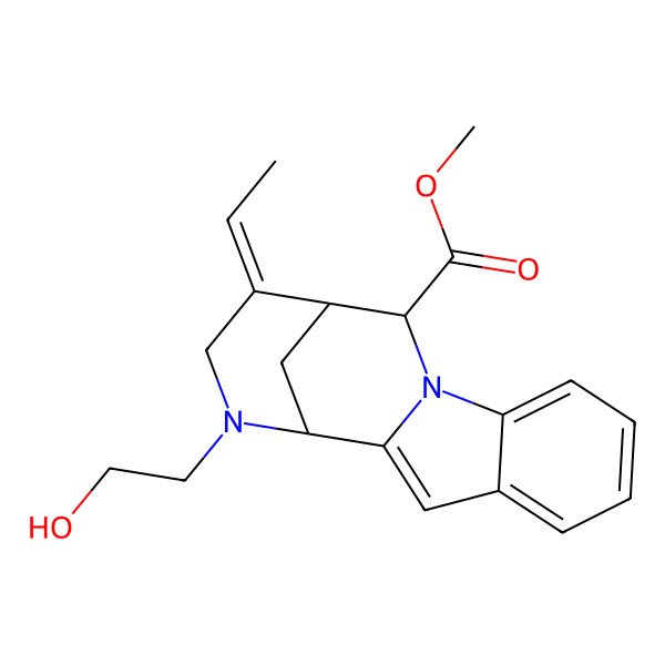 2D Structure of methyl (1S,11S,12S,13Z)-13-ethylidene-15-(2-hydroxyethyl)-10,15-diazatetracyclo[10.3.1.02,10.04,9]hexadeca-2,4,6,8-tetraene-11-carboxylate