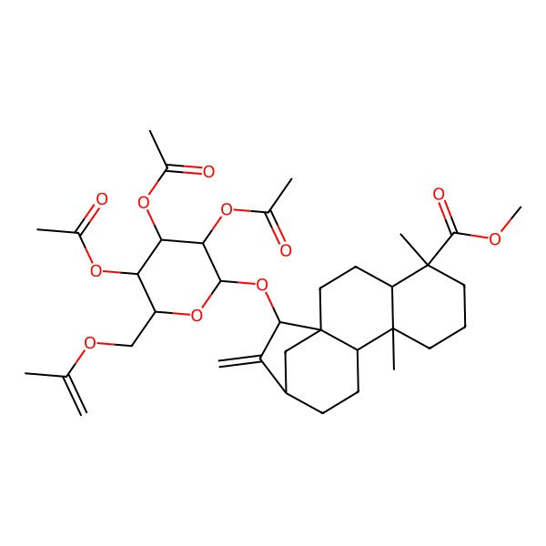 2D Structure of methyl (1R,4S,5R,9S,10R,13R,15R)-5,9-dimethyl-14-methylidene-15-[(2R,3R,4R,5R,6R)-3,4,5-triacetyloxy-6-(prop-1-en-2-yloxymethyl)oxan-2-yl]oxytetracyclo[11.2.1.01,10.04,9]hexadecane-5-carboxylate
