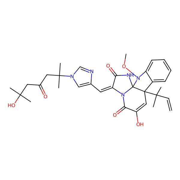 2D Structure of 11-Hydroxy-14-[[1-(6-hydroxy-2,6-dimethyl-4-oxoheptan-2-yl)imidazol-4-yl]methylidene]-2-methoxy-9-(2-methylbut-3-en-2-yl)-2,13,16-triazatetracyclo[7.7.0.01,13.03,8]hexadeca-3,5,7,10-tetraene-12,15-dione