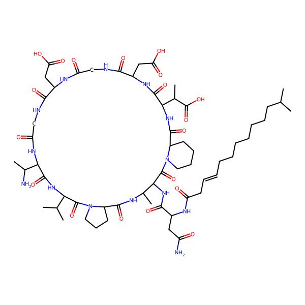 2D Structure of (2S)-2-[(3S,4R,7S,13R,16R,22S,28S,31S,34R)-16-[(1R)-1-aminoethyl]-3-[[(2S)-4-amino-2-[[(Z)-12-methyltridec-3-enoyl]amino]-4-oxobutanoyl]amino]-22,28-bis(carboxymethyl)-4-methyl-2,6,12,15,18,21,24,27,30,33-decaoxo-13-propan-2-yl-1,5,11,14,17,20,23,26,29,32-decazatricyclo[32.4.0.07,11]octatriacontan-31-yl]propanoic acid