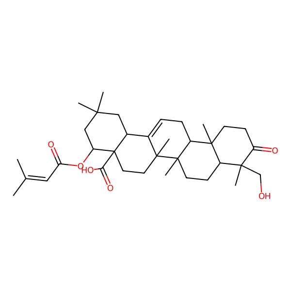 2D Structure of 9-(hydroxymethyl)-2,2,6a,6b,9,12a-hexamethyl-4-(3-methylbut-2-enoyloxy)-10-oxo-3,4,5,6,6a,7,8,8a,11,12,13,14b-dodecahydro-1H-picene-4a-carboxylic acid