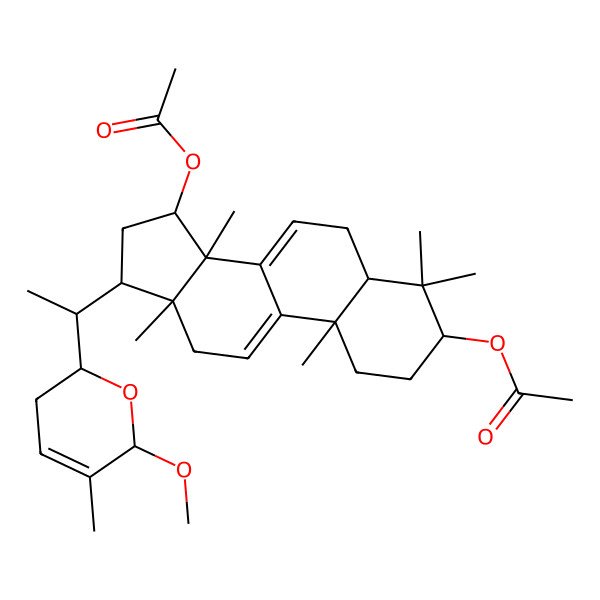 2D Structure of [(3S,5R,10S,13R,14R,15S,17R)-15-acetyloxy-17-[(1S)-1-[(2S,6S)-6-methoxy-5-methyl-3,6-dihydro-2H-pyran-2-yl]ethyl]-4,4,10,13,14-pentamethyl-2,3,5,6,12,15,16,17-octahydro-1H-cyclopenta[a]phenanthren-3-yl] acetate