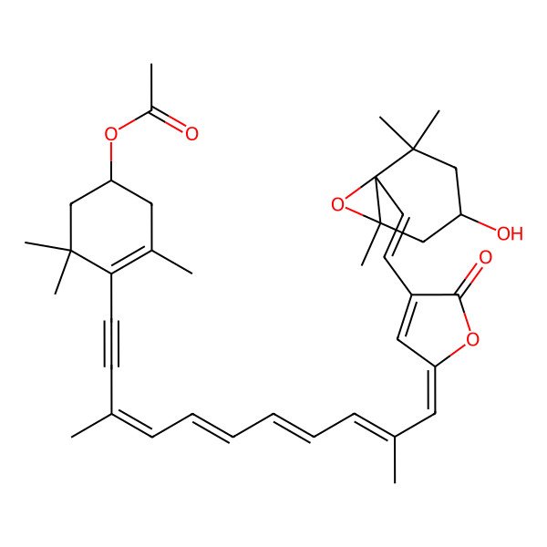 2D Structure of [4-[11-[4-[2-(4-Hydroxy-2,2,6-trimethyl-7-oxabicyclo[4.1.0]heptan-1-yl)ethenyl]-5-oxofuran-2-ylidene]-3,10-dimethylundeca-3,5,7,9-tetraen-1-ynyl]-3,5,5-trimethylcyclohex-3-en-1-yl] acetate