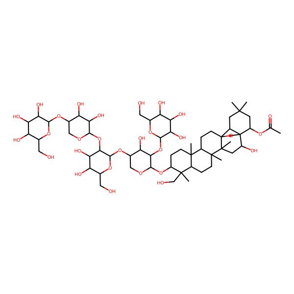 2D Structure of [10-[5-[3-[3,4-Dihydroxy-5-[3,4,5-trihydroxy-6-(hydroxymethyl)oxan-2-yl]oxyoxan-2-yl]oxy-4,5-dihydroxy-6-(hydroxymethyl)oxan-2-yl]oxy-4-hydroxy-3-[3,4,5-trihydroxy-6-(hydroxymethyl)oxan-2-yl]oxyoxan-2-yl]oxy-2-hydroxy-9-(hydroxymethyl)-4,5,9,13,20,20-hexamethyl-24-oxahexacyclo[15.5.2.01,18.04,17.05,14.08,13]tetracosan-22-yl] acetate