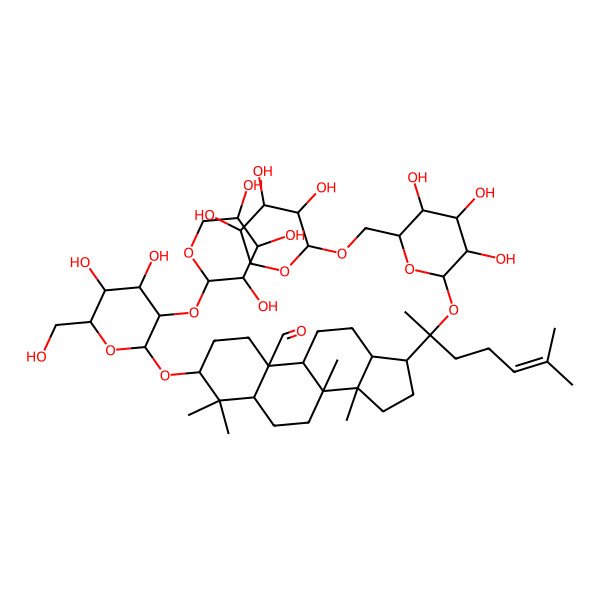 2D Structure of (3S,5S,8R,9S,10S,13S,14R,17S)-3-[(2R,3R,4S,5S,6R)-4,5-dihydroxy-6-(hydroxymethyl)-3-[(2S,3R,4S,5S)-3,4,5-trihydroxyoxan-2-yl]oxyoxan-2-yl]oxy-4,4,8,14-tetramethyl-17-[(2S)-6-methyl-2-[(2S,3R,4S,5S,6R)-3,4,5-trihydroxy-6-[[(2S,3R,4S,5R)-3,4,5-trihydroxyoxan-2-yl]oxymethyl]oxan-2-yl]oxyhept-5-en-2-yl]-2,3,5,6,7,9,11,12,13,15,16,17-dodecahydro-1H-cyclopenta[a]phenanthrene-10-carbaldehyde