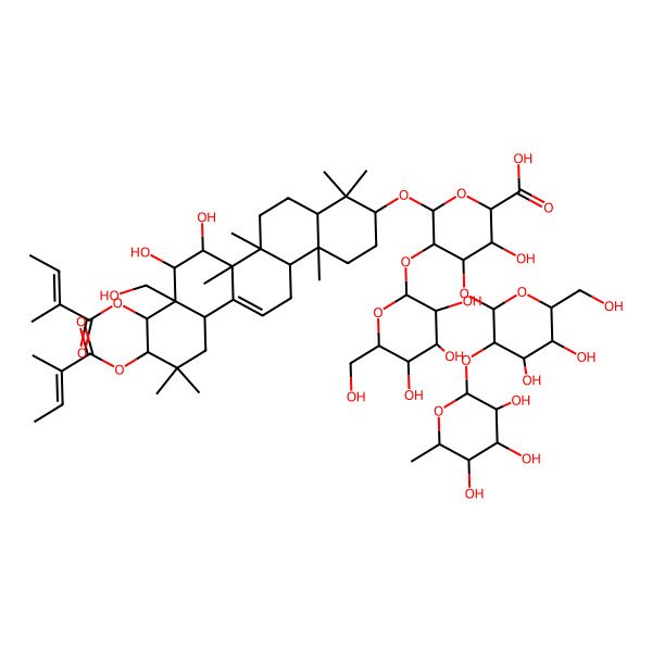 2D Structure of (2S,3S,4S,5R,6R)-6-[[(3S,4aR,6aR,6bS,7R,8S,8aR,9R,10R,12aS,14aR,14bR)-7,8-dihydroxy-8a-(hydroxymethyl)-4,4,6a,6b,11,11,14b-heptamethyl-9,10-bis[[(E)-2-methylbut-2-enoyl]oxy]-1,2,3,4a,5,6,7,8,9,10,12,12a,14,14a-tetradecahydropicen-3-yl]oxy]-4-[(2S,3R,4S,5R,6R)-4,5-dihydroxy-6-(hydroxymethyl)-3-[(2S,3R,4R,5R,6S)-3,4,5-trihydroxy-6-methyloxan-2-yl]oxyoxan-2-yl]oxy-3-hydroxy-5-[(2S,3R,4S,5R,6R)-3,4,5-trihydroxy-6-(hydroxymethyl)oxan-2-yl]oxyoxane-2-carboxylic acid