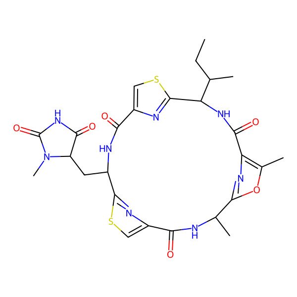 2D Structure of 11-Butan-2-yl-4,7-dimethyl-18-[(3-methyl-2,5-dioxoimidazolidin-4-yl)methyl]-6-oxa-13,20-dithia-3,10,17,22,23,24-hexazatetracyclo[17.2.1.15,8.112,15]tetracosa-1(21),5(24),7,12(23),14,19(22)-hexaene-2,9,16-trione