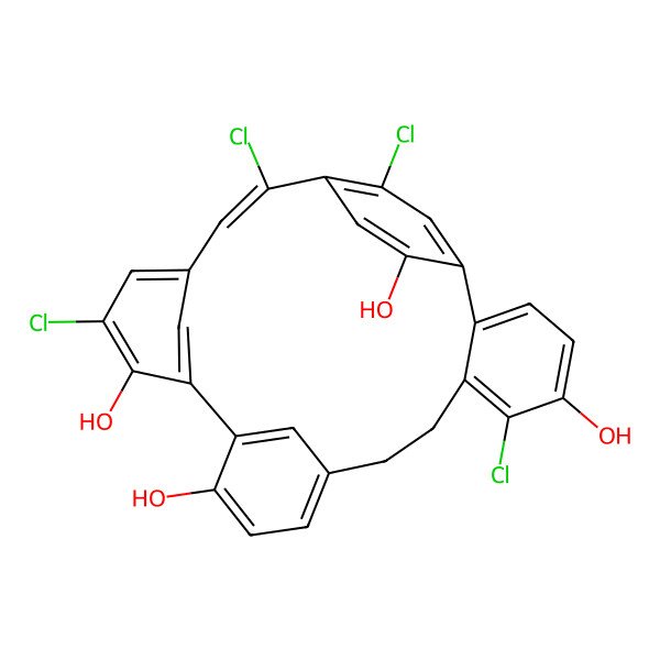 2D Structure of (20E)-6,17,21,26-tetrachloropentacyclo[20.2.2.110,14.115,19.02,7]octacosa-1(25),2(7),3,5,10(28),11,13,15,17,19(27),20,22(26),23-tridecaene-5,13,16,24-tetrol