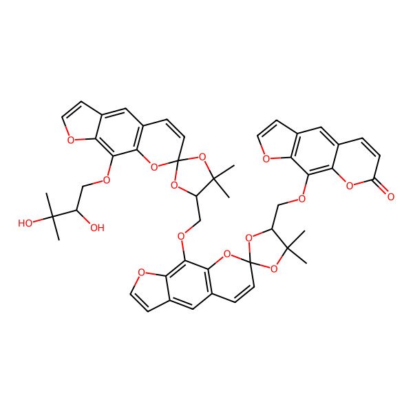 2D Structure of 9-[[(2S,4S)-9'-[[(2S,4R)-9'-[(2R)-2,3-dihydroxy-3-methylbutoxy]-5,5-dimethylspiro[1,3-dioxolane-2,7'-furo[3,2-g]chromene]-4-yl]methoxy]-5,5-dimethylspiro[1,3-dioxolane-2,7'-furo[3,2-g]chromene]-4-yl]methoxy]furo[3,2-g]chromen-7-one