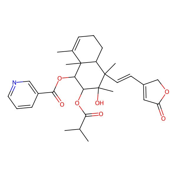 2D Structure of [(1R,2S,3R,4R,4aS,8aR)-3-hydroxy-3,4,8,8a-tetramethyl-2-(2-methylpropanoyloxy)-4-[(E)-2-(5-oxo-2H-furan-3-yl)ethenyl]-2,4a,5,6-tetrahydro-1H-naphthalen-1-yl] pyridine-3-carboxylate