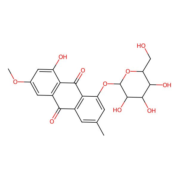 2D Structure of 1-hydroxy-3-methoxy-6-methyl-8-[(2R,3R,4S,5S,6R)-3,4,5-trihydroxy-6-(hydroxymethyl)oxan-2-yl]oxyanthracene-9,10-dione