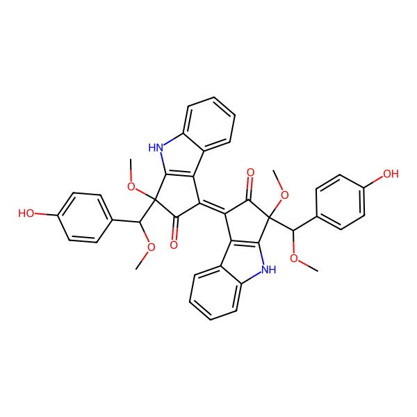 2D Structure of (1E,3R)-3-[(R)-(4-hydroxyphenyl)-methoxymethyl]-1-[(3R)-3-[(S)-(4-hydroxyphenyl)-methoxymethyl]-3-methoxy-2-oxo-4H-cyclopenta[b]indol-1-ylidene]-3-methoxy-4H-cyclopenta[b]indol-2-one