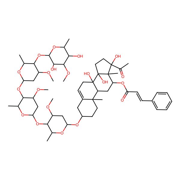2D Structure of [(3S,8S,9R,10R,12R,13S,14R,17S)-17-acetyl-3-[(2R,4S,5R,6R)-5-[(2S,4S,5R,6R)-5-[(2S,4R,5R,6R)-5-[(2S,3R,4S,5R,6R)-3,5-dihydroxy-4-methoxy-6-methyloxan-2-yl]oxy-4-methoxy-6-methyloxan-2-yl]oxy-4-methoxy-6-methyloxan-2-yl]oxy-4-methoxy-6-methyloxan-2-yl]oxy-8,14,17-trihydroxy-10,13-dimethyl-1,2,3,4,7,9,11,12,15,16-decahydrocyclopenta[a]phenanthren-12-yl] (E)-3-phenylprop-2-enoate
