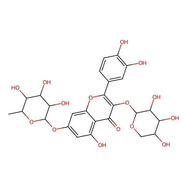 2D Structure of 2-(3,4-dihydroxyphenyl)-5-hydroxy-7-[(2S,3R,4R,5R,6S)-3,4,5-trihydroxy-6-methyloxan-2-yl]oxy-3-[(2S,3R,4S,5R)-3,4,5-trihydroxyoxan-2-yl]oxychromen-4-one