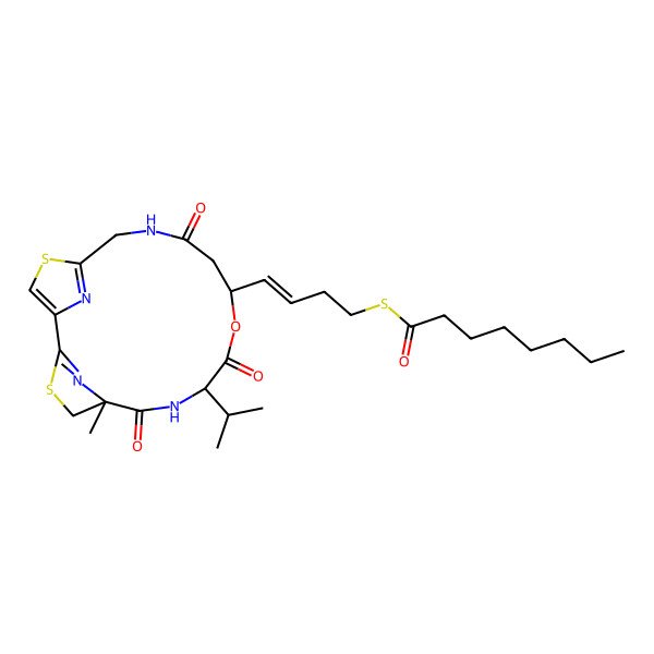 2D Structure of S-[4-(5-methyl-6,9,13-trioxo-8-propan-2-yl-10-oxa-3,17-dithia-7,14,19,20-tetrazatricyclo[14.2.1.12,5]icosa-1(18),2(20),16(19)-trien-11-yl)but-3-enyl] octanethioate