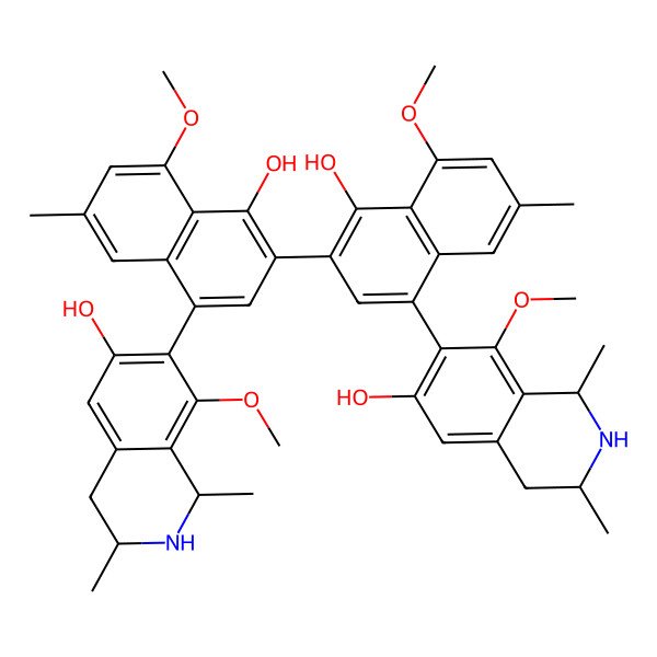 2D Structure of (1R,3S)-7-[4-hydroxy-3-[1-hydroxy-4-[(1R,3S)-6-hydroxy-8-methoxy-1,3-dimethyl-1,2,3,4-tetrahydroisoquinolin-7-yl]-8-methoxy-6-methylnaphthalen-2-yl]-5-methoxy-7-methylnaphthalen-1-yl]-8-methoxy-1,3-dimethyl-1,2,3,4-tetrahydroisoquinolin-6-ol