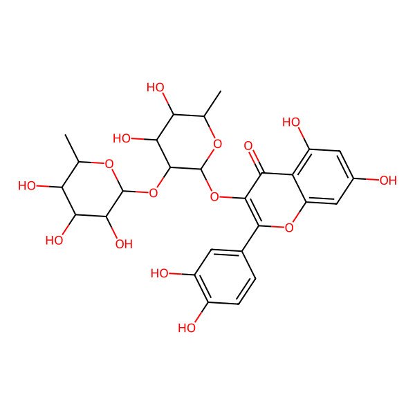 2D Structure of 3-[(2S,3S,4R,5R,6S)-4,5-dihydroxy-6-methyl-3-[(2S,3S,4S,5R,6R)-3,4,5-trihydroxy-6-methyloxan-2-yl]oxyoxan-2-yl]oxy-2-(3,4-dihydroxyphenyl)-5,7-dihydroxychromen-4-one