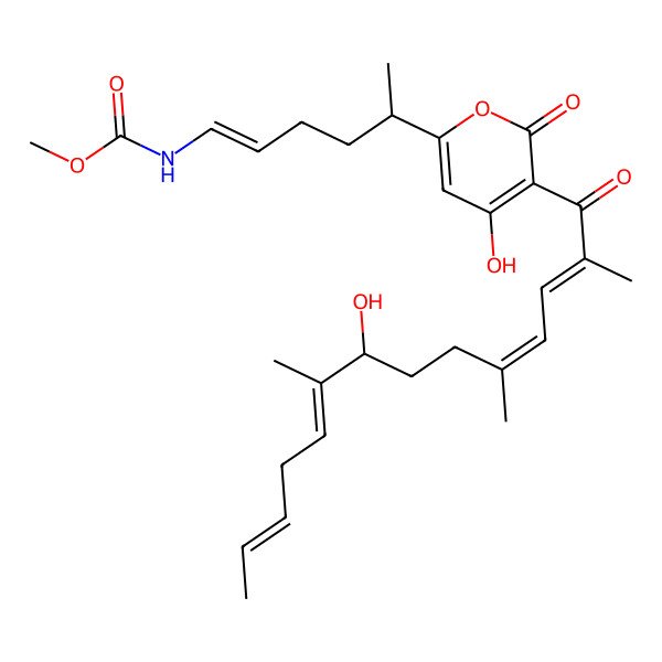 2D Structure of methyl N-[(E,5R)-5-[4-hydroxy-5-[(2E,4E,8R,9Z,12E)-8-hydroxy-2,5,9-trimethyltetradeca-2,4,9,12-tetraenoyl]-6-oxopyran-2-yl]hex-1-enyl]carbamate