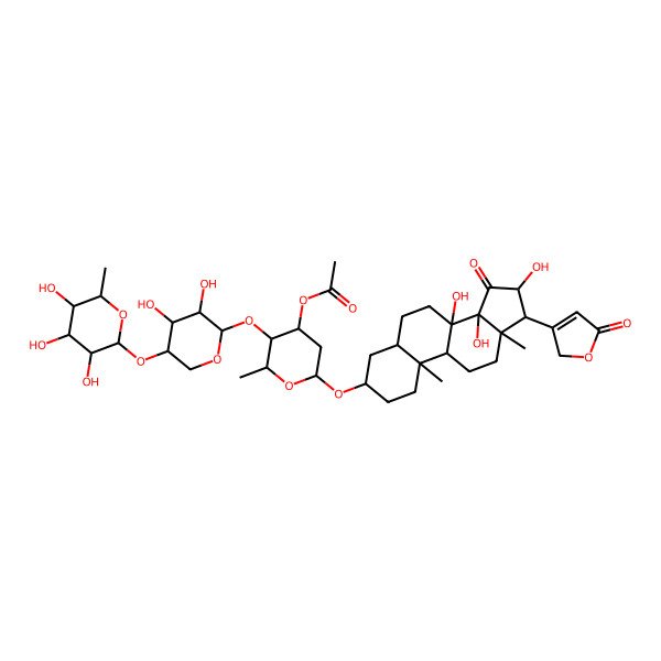 2D Structure of [(2R,3R,4S,6R)-3-[(2S,3R,4R,5R)-3,4-dihydroxy-5-[(2S,3R,4R,5R,6S)-3,4,5-trihydroxy-6-methyloxan-2-yl]oxyoxan-2-yl]oxy-2-methyl-6-[[(3S,5S,8S,9R,10S,13R,14R,16S,17R)-8,14,16-trihydroxy-10,13-dimethyl-15-oxo-17-(5-oxo-2H-furan-3-yl)-1,2,3,4,5,6,7,9,11,12,16,17-dodecahydrocyclopenta[a]phenanthren-3-yl]oxy]oxan-4-yl] acetate
