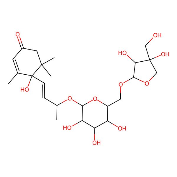 2D Structure of (4S)-4-[(E,3R)-3-[(2S,3R,4S,5S,6R)-6-[[(2R,3R,4R)-3,4-dihydroxy-4-(hydroxymethyl)oxolan-2-yl]oxymethyl]-3,4,5-trihydroxyoxan-2-yl]oxybut-1-enyl]-4-hydroxy-3,5,5-trimethylcyclohex-2-en-1-one