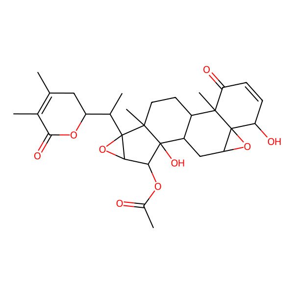 2D Structure of [(1R,2R,6S,7R,9R,11R,12S,13S,14S,16R,17S)-16-[(1R)-1-[(2R)-4,5-dimethyl-6-oxo-2,3-dihydropyran-2-yl]ethyl]-6,12-dihydroxy-2,17-dimethyl-3-oxo-8,15-dioxahexacyclo[9.8.0.02,7.07,9.012,17.014,16]nonadec-4-en-13-yl] acetate