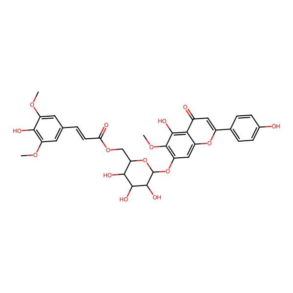 2D Structure of [(2S,3R,4R,5S,6R)-3,4,5-trihydroxy-6-[5-hydroxy-2-(4-hydroxyphenyl)-6-methoxy-4-oxochromen-7-yl]oxyoxan-2-yl]methyl (E)-3-(4-hydroxy-3,5-dimethoxyphenyl)prop-2-enoate
