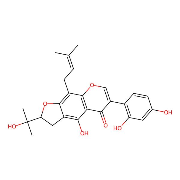 2D Structure of 6-(2,4-Dihydroxyphenyl)-4-hydroxy-2-(2-hydroxypropan-2-yl)-9-(3-methylbut-2-enyl)-2,3-dihydrofuro[3,2-g]chromen-5-one