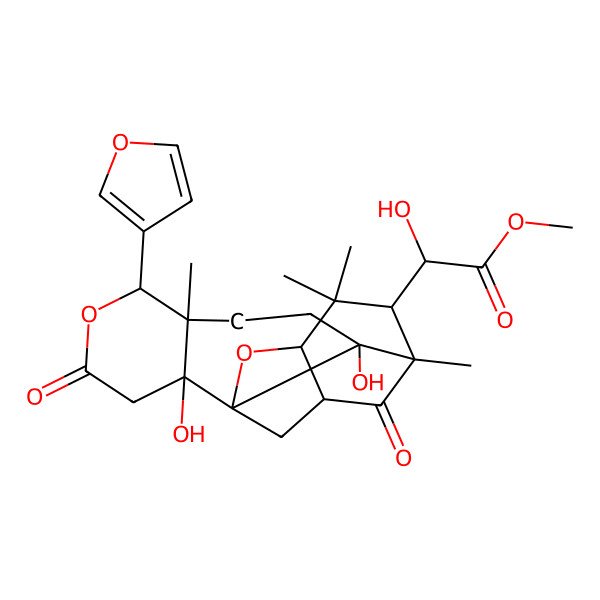 2D Structure of methyl (2S)-2-[(1S,2S,5R,6R,10S,11R,13S,14R,16S)-6-(furan-3-yl)-2,10-dihydroxy-1,5,15,15-tetramethyl-8,17-dioxo-7,18-dioxapentacyclo[11.3.1.111,14.02,11.05,10]octadecan-16-yl]-2-hydroxyacetate