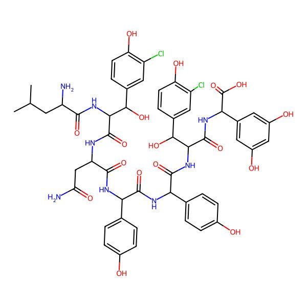 2D Structure of 2-[[2-[[2-[[2-[[4-Amino-2-[[2-[(2-amino-4-methylpentanoyl)amino]-3-(3-chloro-4-hydroxyphenyl)-3-hydroxypropanoyl]amino]-4-oxobutanoyl]amino]-2-(4-hydroxyphenyl)acetyl]amino]-2-(4-hydroxyphenyl)acetyl]amino]-3-(3-chloro-4-hydroxyphenyl)-3-hydroxypropanoyl]amino]-2-(3,5-dihydroxyphenyl)acetic acid