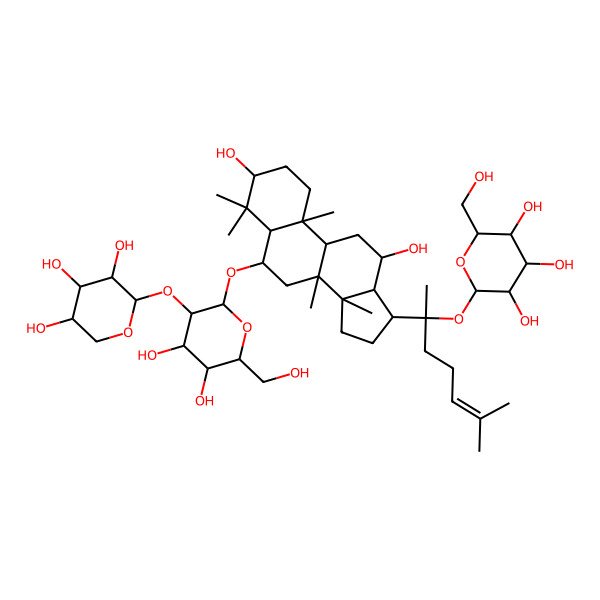 2D Structure of (2S,3R,4S,5S,6S)-2-[(2S)-2-[(3S,5R,6S,8R,9R,10R,12R,13R,14R,17S)-6-[(2S,3R,4S,5S,6R)-4,5-dihydroxy-6-(hydroxymethyl)-3-[(2R,3S,4S,5S)-3,4,5-trihydroxyoxan-2-yl]oxyoxan-2-yl]oxy-3,12-dihydroxy-4,4,8,10,14-pentamethyl-2,3,5,6,7,9,11,12,13,15,16,17-dodecahydro-1H-cyclopenta[a]phenanthren-17-yl]-6-methylhept-5-en-2-yl]oxy-6-(hydroxymethyl)oxane-3,4,5-triol