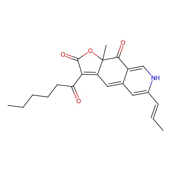 2D Structure of (9aR)-3-hexanoyl-9a-methyl-6-[(E)-prop-1-enyl]-7H-furo[3,2-g]isoquinoline-2,9-dione