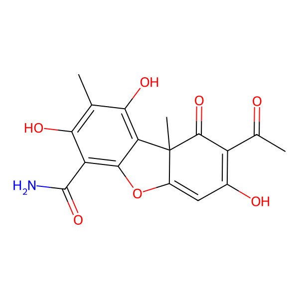 2D Structure of (9aS)-8-acetyl-1,3,7-trihydroxy-2,9a-dimethyl-9-oxodibenzofuran-4-carboxamide