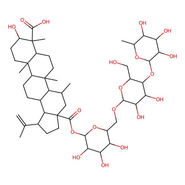 2D Structure of 3a-[6-[[3,4-dihydroxy-6-(hydroxymethyl)-5-(3,4,5-trihydroxy-6-methyloxan-2-yl)oxyoxan-2-yl]oxymethyl]-3,4,5-trihydroxyoxan-2-yl]oxycarbonyl-9-hydroxy-5,5b,8,11a-tetramethyl-1-prop-1-en-2-yl-2,3,4,5,5a,6,7,7a,9,10,11,11b,12,13,13a,13b-hexadecahydro-1H-cyclopenta[a]chrysene-8-carboxylic acid