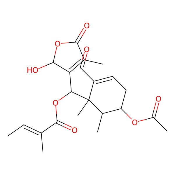 2D Structure of [(S)-[(1R,5S,6R)-5-acetyloxy-2-formyl-1,6-dimethylcyclohex-2-en-1-yl]-[(2S)-2-hydroxy-4-methyl-5-oxo-2H-furan-3-yl]methyl] (Z)-2-methylbut-2-enoate