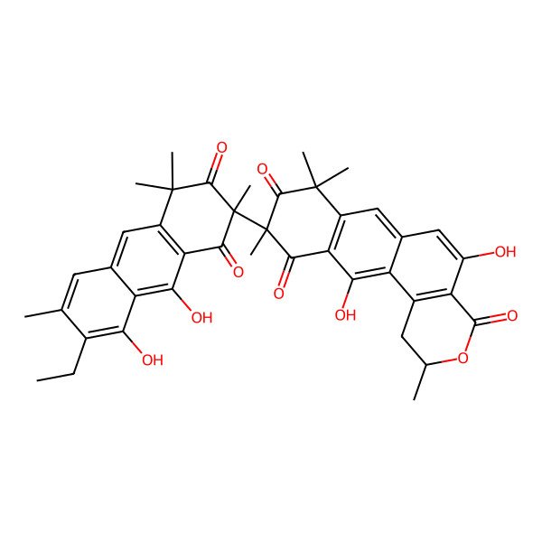 2D Structure of (2S,10R)-10-[(2S)-7-ethyl-8,9-dihydroxy-2,4,4,6-tetramethyl-1,3-dioxoanthracen-2-yl]-5,12-dihydroxy-2,8,8,10-tetramethyl-1,2-dihydronaphtho[7,6-f]isochromene-4,9,11-trione