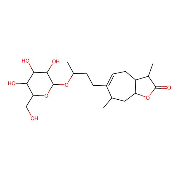 2D Structure of (3S,3aR,7S,8aR)-3,7-dimethyl-6-[(3R)-3-[(2R,3R,4S,5S,6R)-3,4,5-trihydroxy-6-(hydroxymethyl)oxan-2-yl]oxybutyl]-3,3a,4,7,8,8a-hexahydrocyclohepta[b]furan-2-one