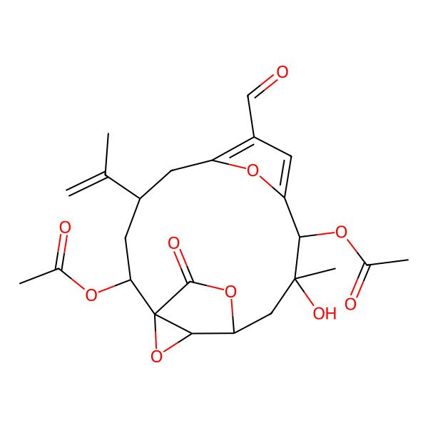 2D Structure of (10-Acetyloxy-7-formyl-11-hydroxy-11-methyl-16-oxo-4-prop-1-en-2-yl-15,17,18-trioxatetracyclo[11.2.2.16,9.01,14]octadeca-6,8-dien-2-yl) acetate