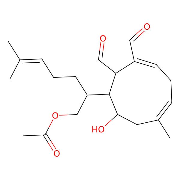 2D Structure of [(2S)-2-[(1R,2R,3E,6E,9S)-2,3-diformyl-9-hydroxy-7-methylcyclonona-3,6-dien-1-yl]-6-methylhept-5-enyl] acetate