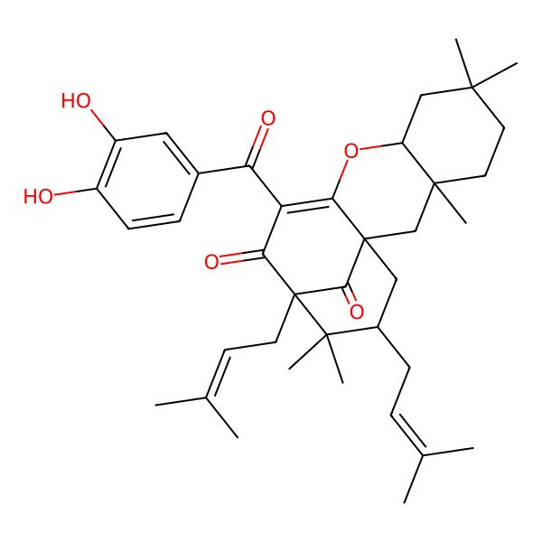 2D Structure of 11-(3,4-Dihydroxybenzoyl)-3,6,6,14,14-pentamethyl-13,15-bis(3-methylbut-2-enyl)-9-oxatetracyclo[11.3.1.01,10.03,8]heptadec-10-ene-12,17-dione