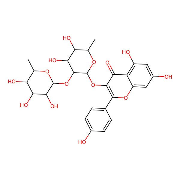 2D Structure of 3-[(2S,3S,4R,5R)-4,5-dihydroxy-6-methyl-3-[(2S,3S,4S,5R,6S)-3,4,5-trihydroxy-6-methyloxan-2-yl]oxyoxan-2-yl]oxy-5,7-dihydroxy-2-(4-hydroxyphenyl)chromen-4-one