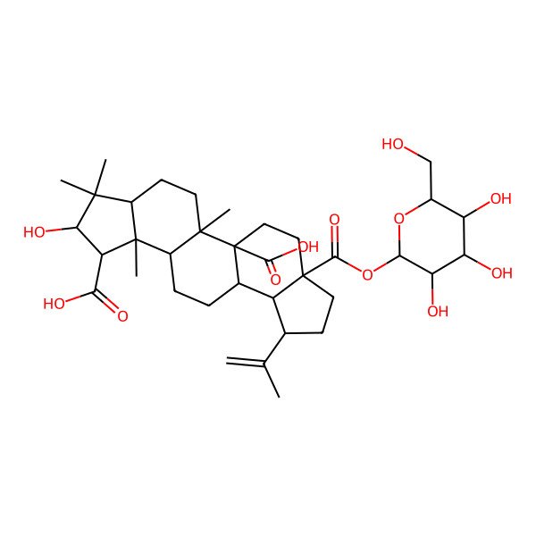 2D Structure of (1S,2R,5R,7S,8R,9R,10R,13R,14S,15R,18S)-7-hydroxy-2,6,6,9-tetramethyl-15-prop-1-en-2-yl-18-[(2S,3R,4S,5S,6R)-3,4,5-trihydroxy-6-(hydroxymethyl)oxan-2-yl]oxycarbonylpentacyclo[11.7.0.02,10.05,9.014,18]icosane-1,8-dicarboxylic acid