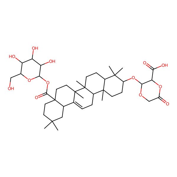 2D Structure of (2R,3S)-3-[[(3S,4aR,6aR,6bS,8aS,12aS,14aR,14bR)-4,4,6a,6b,11,11,14b-heptamethyl-8a-[(2S,3R,4S,5S,6R)-3,4,5-trihydroxy-6-(hydroxymethyl)oxan-2-yl]oxycarbonyl-1,2,3,4a,5,6,7,8,9,10,12,12a,14,14a-tetradecahydropicen-3-yl]oxy]-6-oxo-1,4-dioxane-2-carboxylic acid
