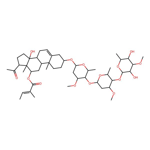 2D Structure of [17-Acetyl-3-[5-[5-(3,5-dihydroxy-4-methoxy-6-methyloxan-2-yl)oxy-4-methoxy-6-methyloxan-2-yl]oxy-4-methoxy-6-methyloxan-2-yl]oxy-14-hydroxy-10,13-dimethyl-1,2,3,4,7,8,9,11,12,15,16,17-dodecahydrocyclopenta[a]phenanthren-12-yl] 2-methylbut-2-enoate